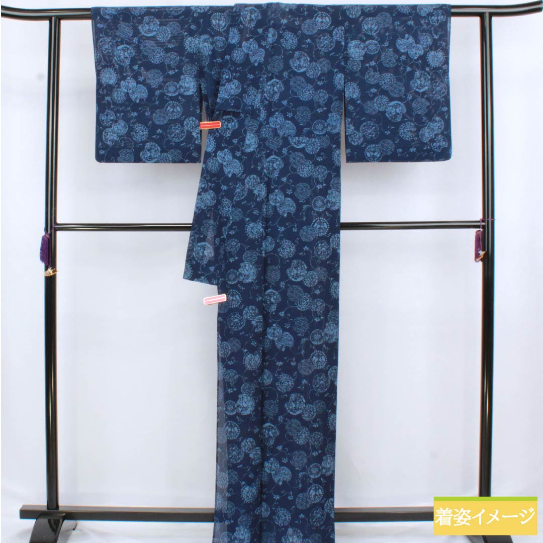 夏物 正絹 小紋 身丈163.5cm 裄丈63cm 紺色(こんいろ) 古典柄 型染 絽 Aランク 紺系 1132002713418