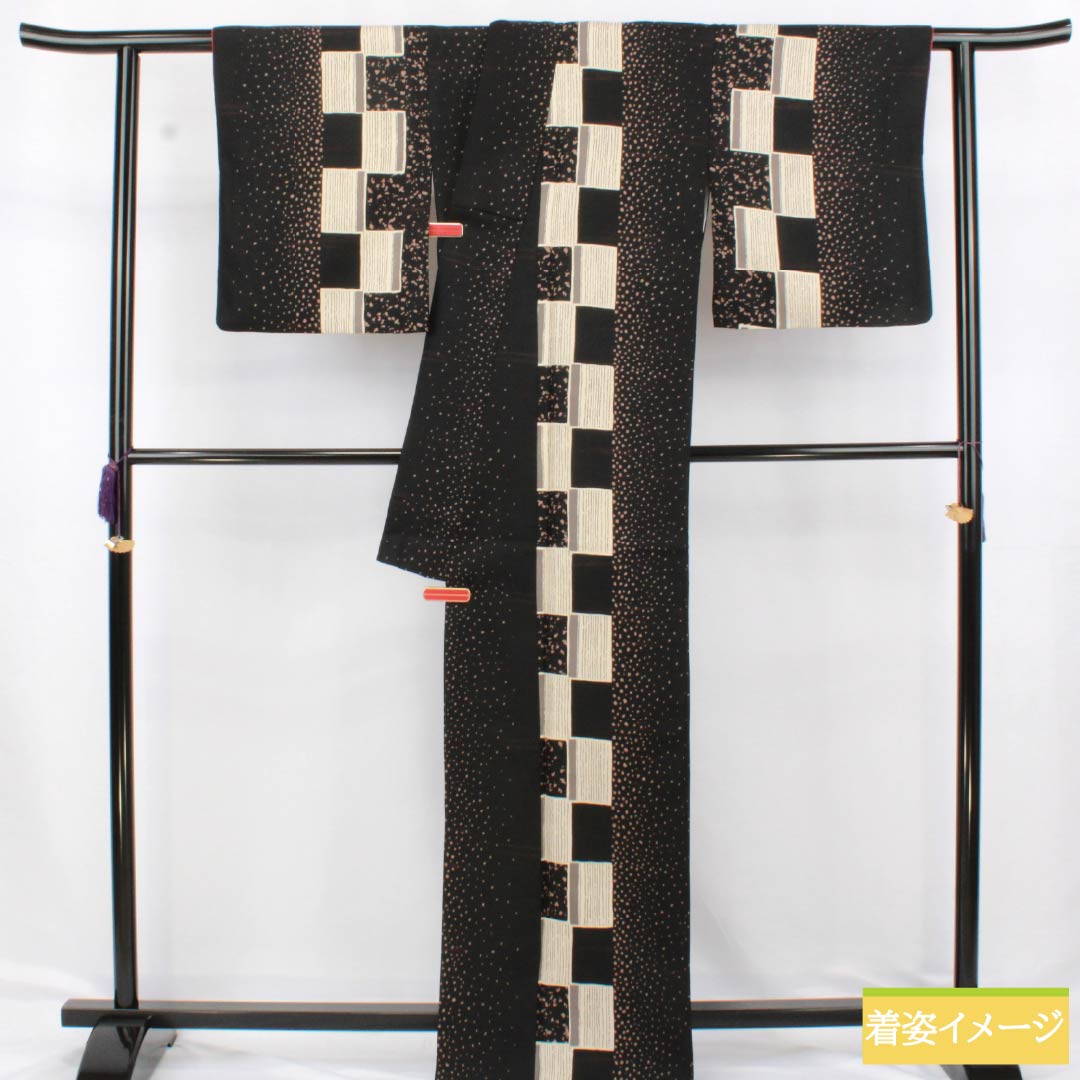 Komon (small pattern) Polyester Kimono, Rank B, Length 165.5cm, Sleeve Length 65.5cm, Lined, Dot Pattern, Checkered Pattern, Washable, Black, 1115006754510