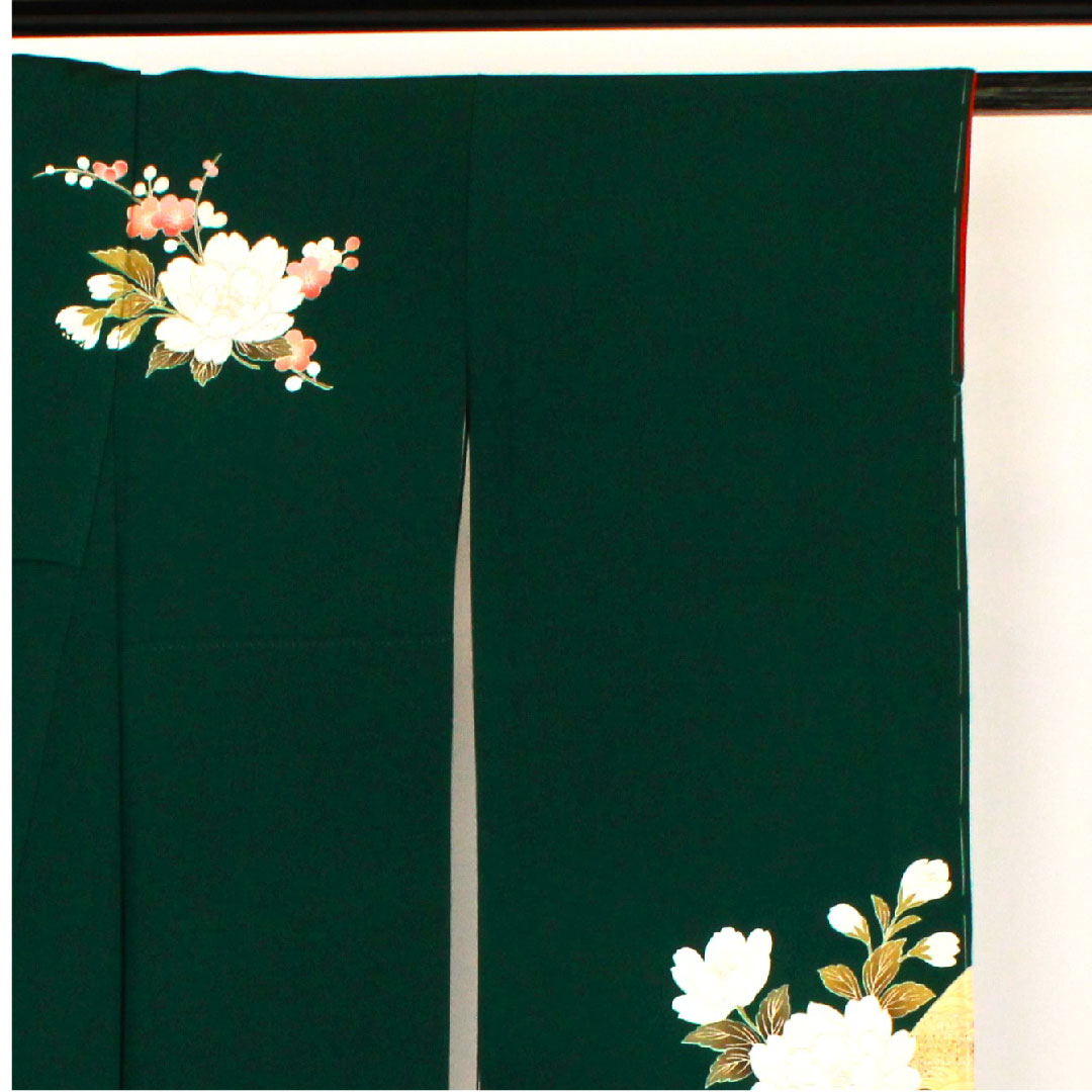 Long-sleeved kimono, length 165cm, sleeve length 65cm, lined, Imperial carriage and flower pattern, pure silk, S rank, green, 1113000502519