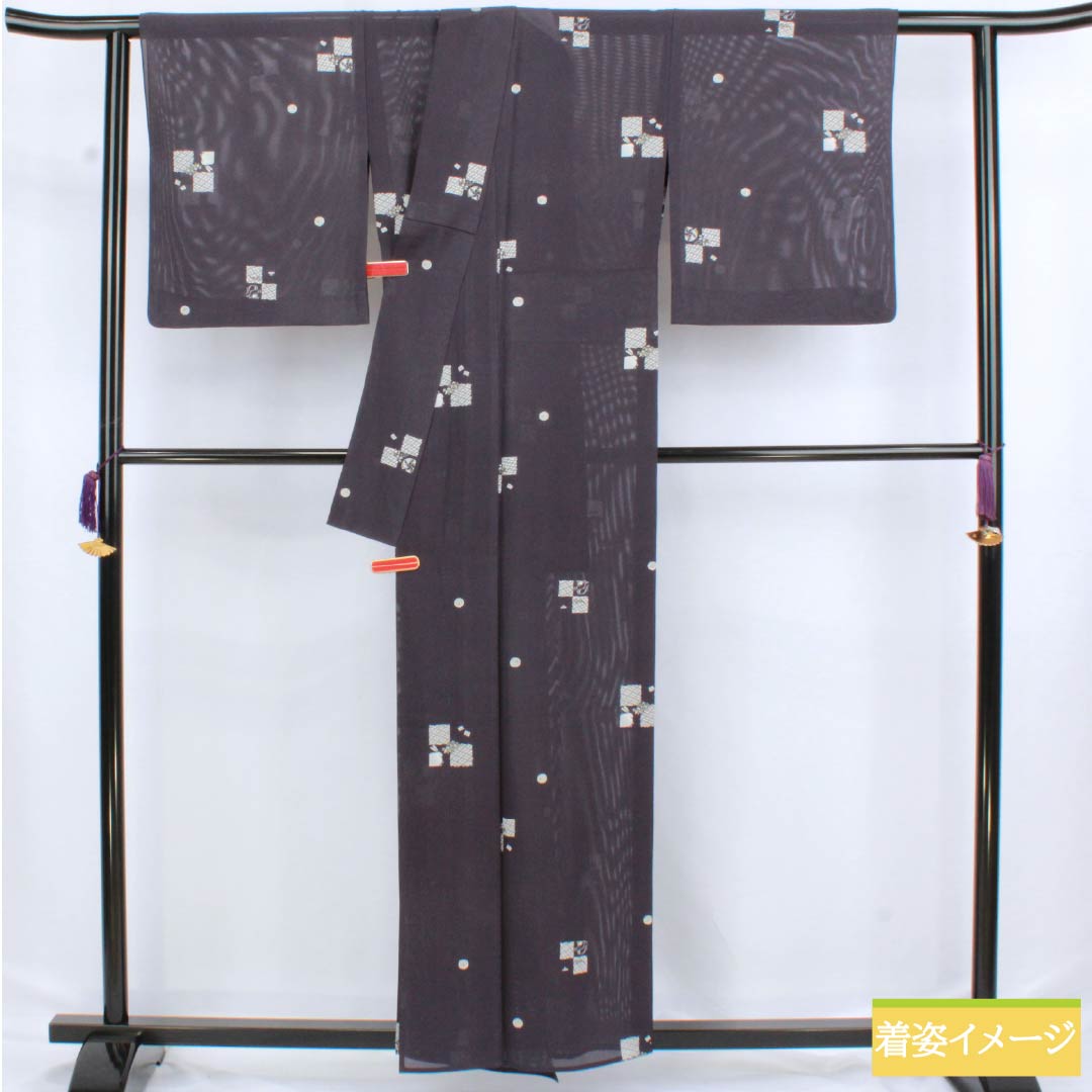 夏物 正絹 小紋 身丈158cm 裄丈67cm 褐色(かちいろ) 型染 飛び市松 古典柄 絽 Sランク 紫系 1132002802320