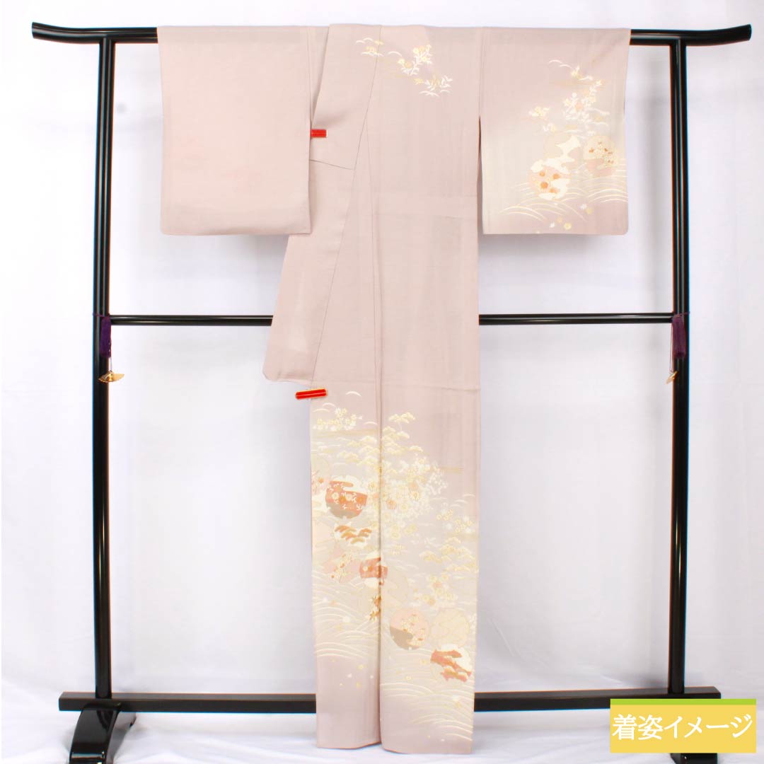 Summer pure silk formal kimono, length 165cm, sleeve length 66cm, light plum gray, Kyoto yuzen, gold leaf, snowflake, silk, A rank, gray, 1132002033522