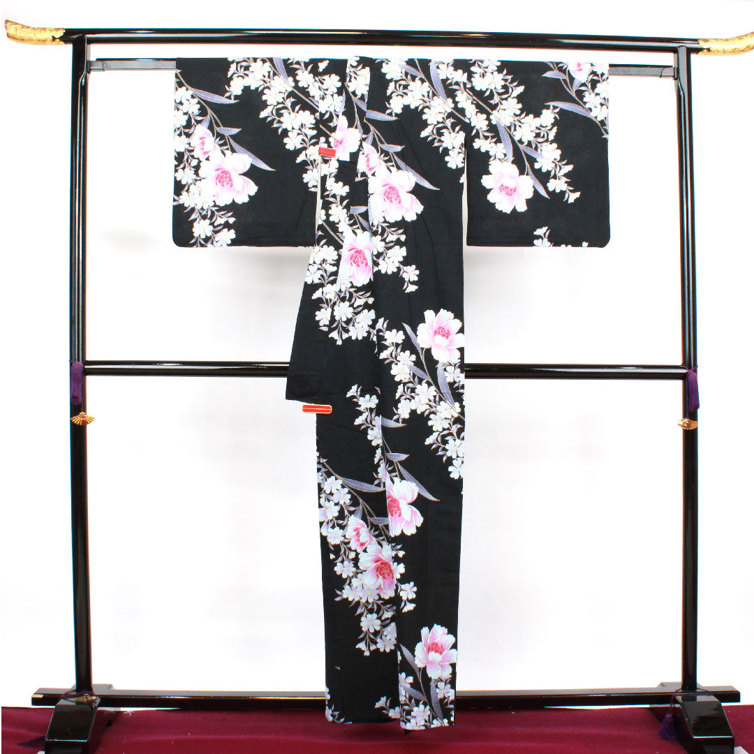 Yukata Peony Cotton S Rank Single Layer Length 158cm Sleeve Length 67.5cm Black 1118002112310