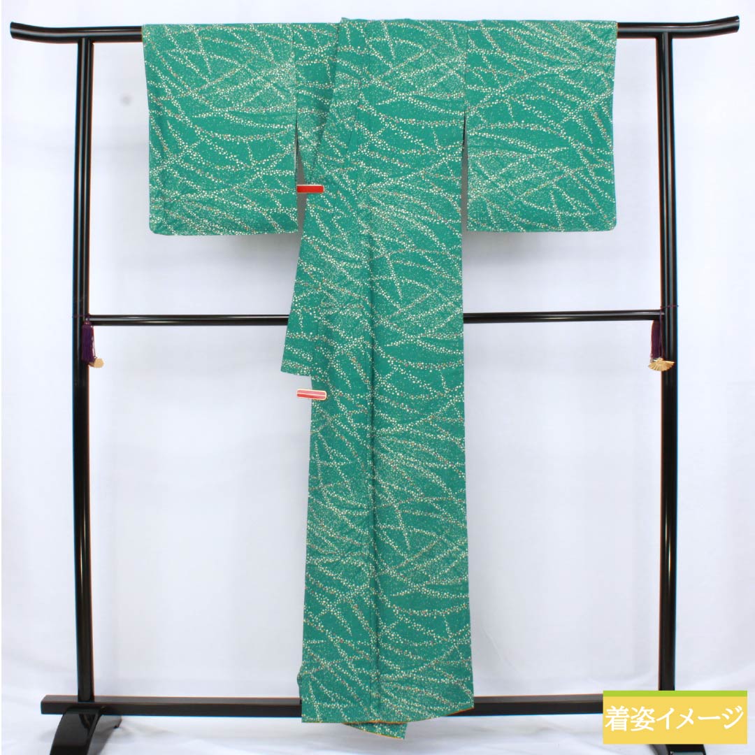 Komon (small pattern) kimono, polyester, length 156cm, sleeve length 64cm, lined, medium indigo blue (nakanoaiiro), polka dot pattern, washable, with basting thread, S rank, green, 1115006222319