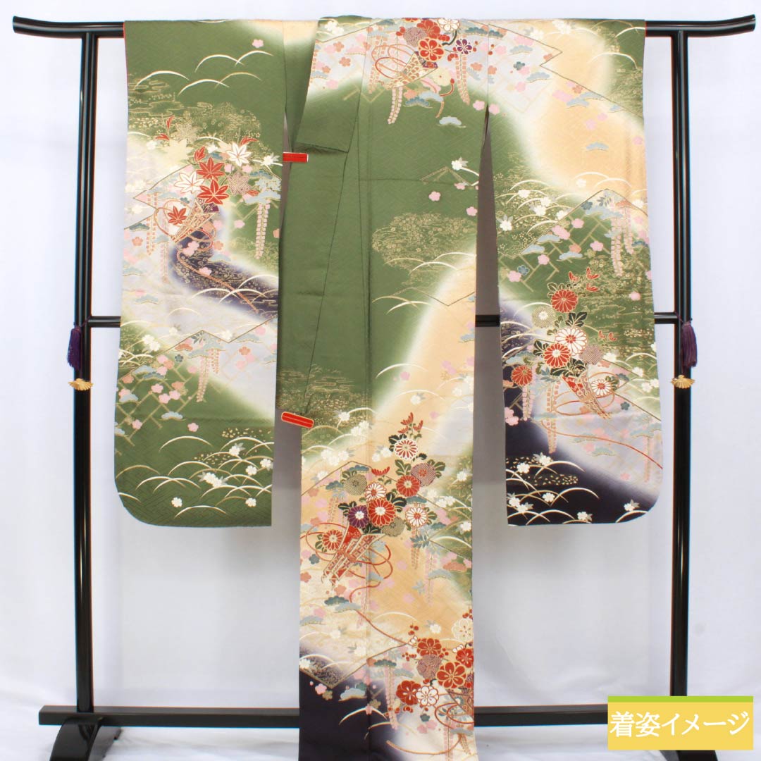 振袖 正絹 Aランク 身丈170.5cm 裄丈68.5cm 袷 山鳩色(やまばといろ) 京友禅 吉祥文様 梅 松 緑系 1113002173619