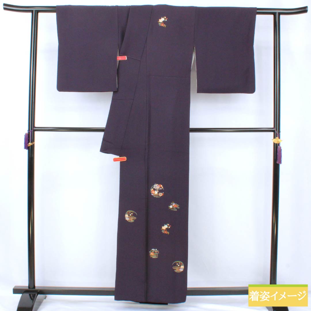 Visiting Kimono (Formal Kimono) - Pure Silk, Grade A, Lined, Length 157.5cm, Sleeve Length 64.5cm, Purple-Eyed, Suzhou Embroidery, Flower Circles, Auspicious Motif, Tsukesage, Purple, Product Number: 1112007233320