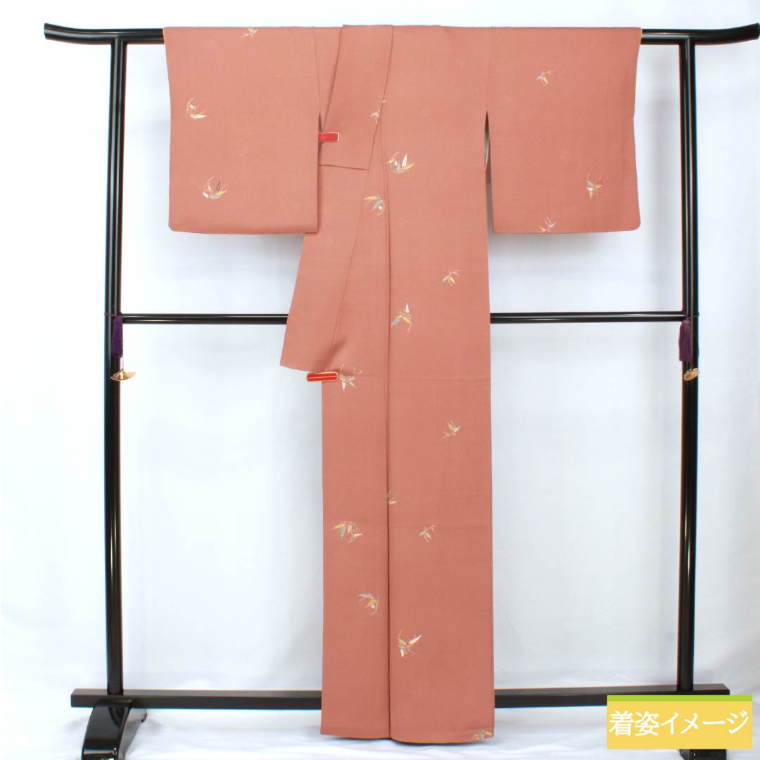 Komon, pure silk, length 163.5cm, sleeve length 66cm, lined, Tokiasagi-iro (light blue), Kyo-Yuzen, bamboo leaf, pearl tone finish, S rank, brown, 1115005742414