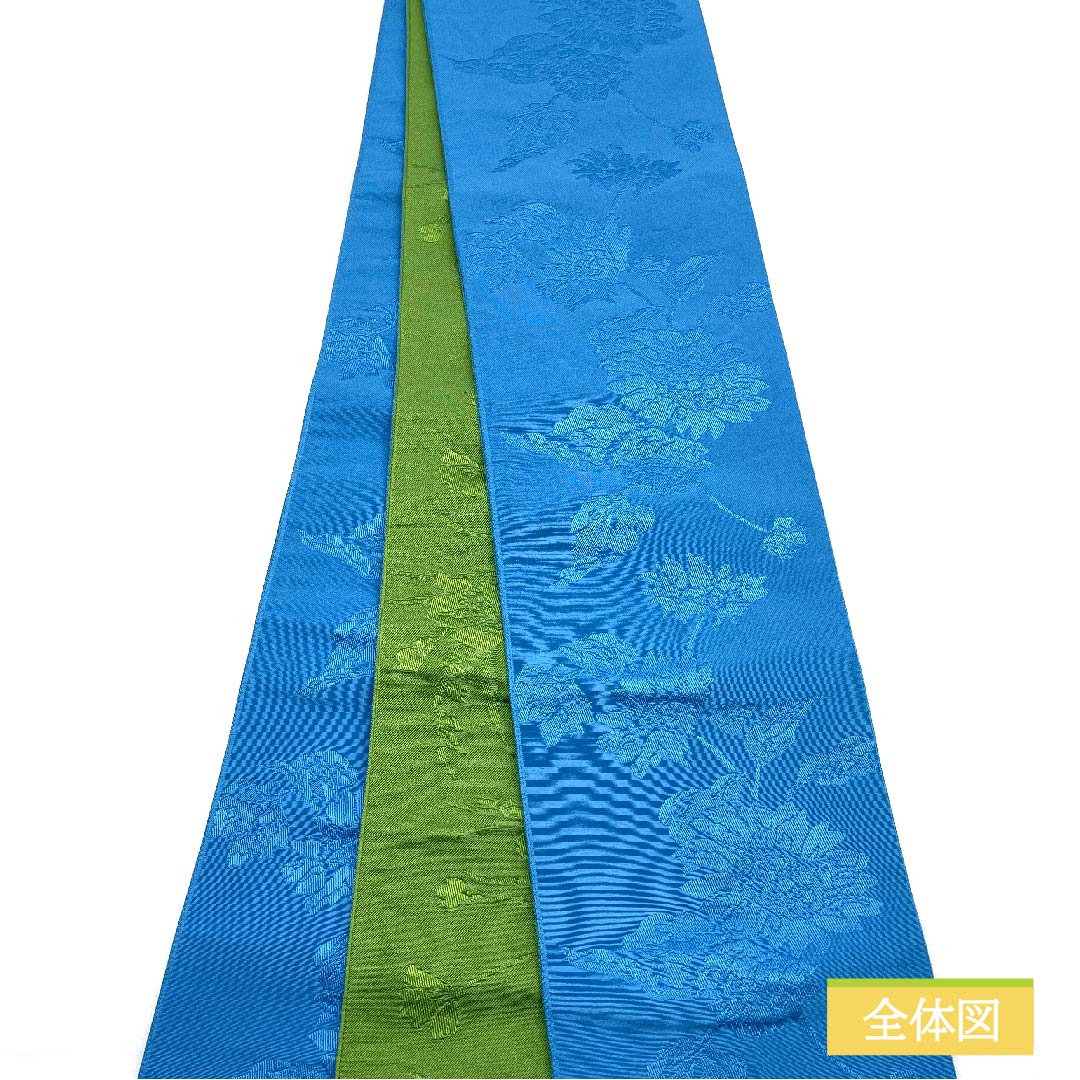 Half-width obi, polyester, indigo blue, floral and plant patterns, reversible, obi length 364cm, blue, S rank, 1125000902317
