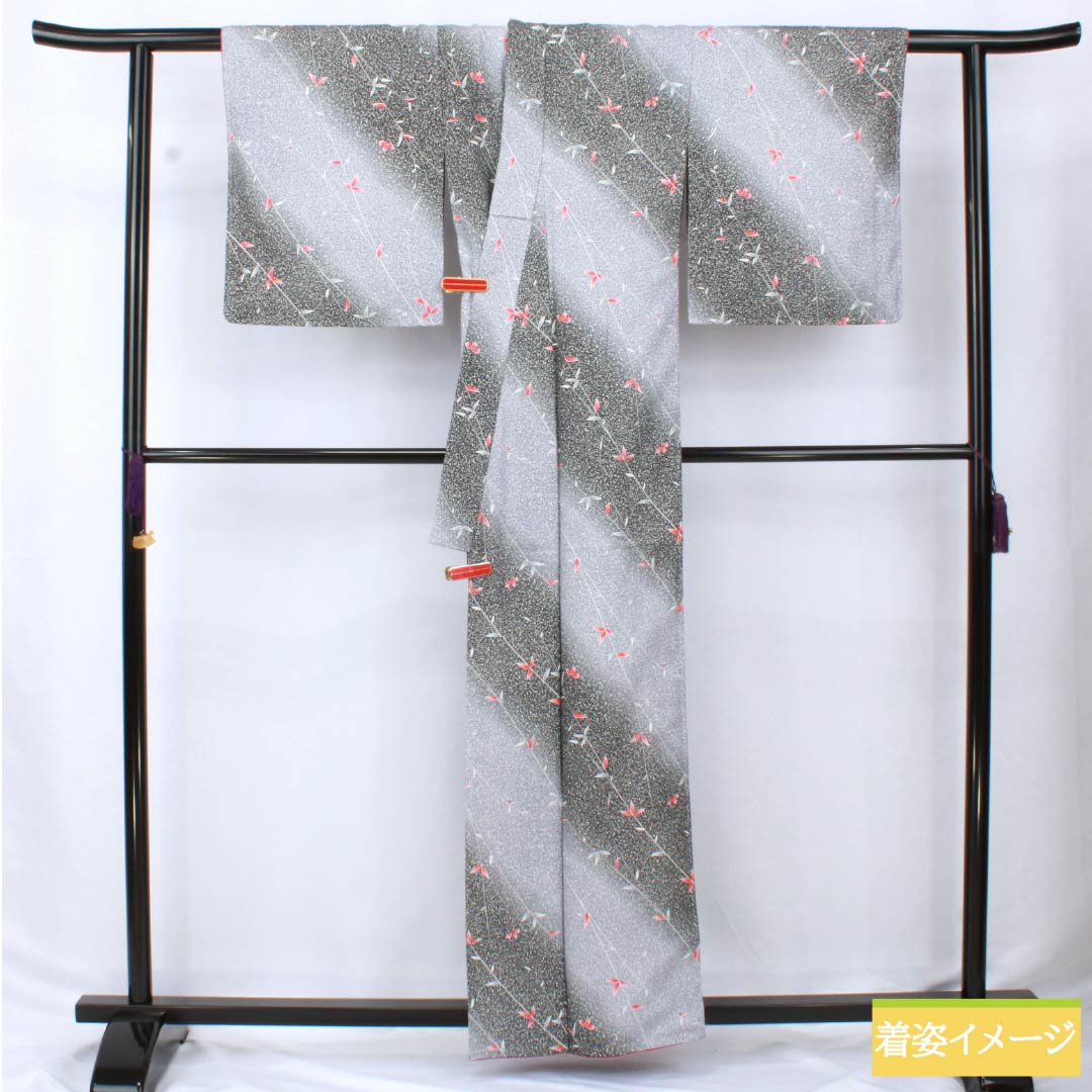 Komon (small pattern) kimono, polyester, length 159.5cm, sleeve length 65cm, lined, blue-gray (seitainezuiro) dyed with a plant pattern, washable, includes basting thread, S rank, gradient pattern, product number 1115005882399