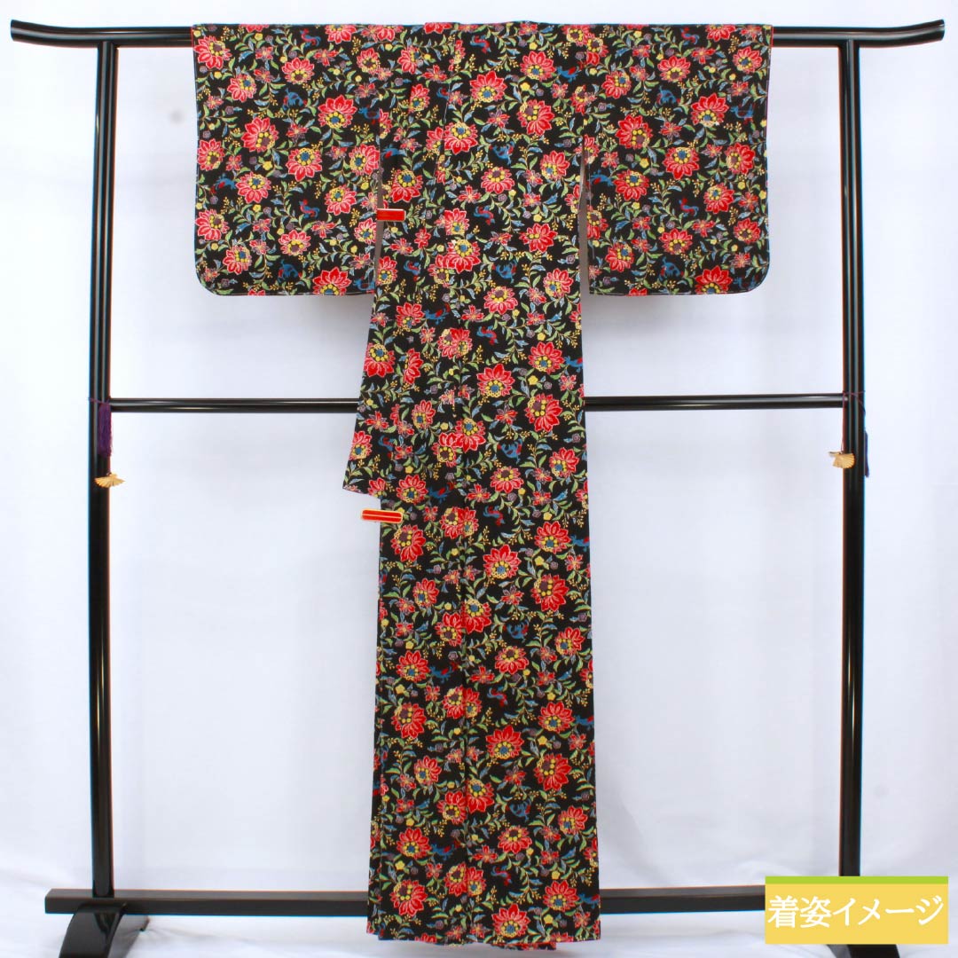 Komon (small pattern) kimono, pure silk, A-rank, length 160.5cm, sleeve length 66cm, lined, floral and bird motifs, black with basting thread, product number 1115007073410