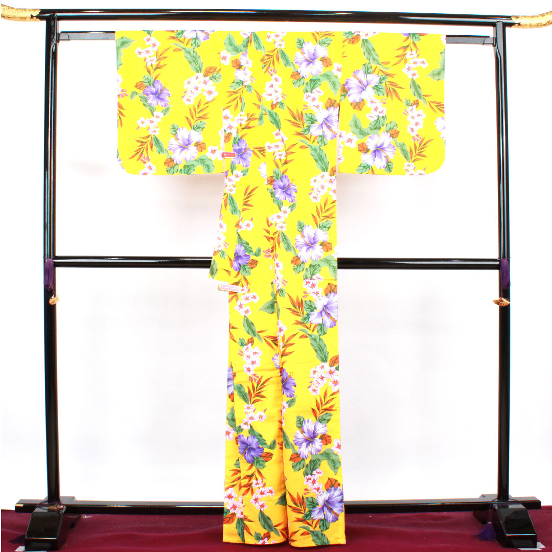Yukata, yellow, hibiscus, cotton, S rank, single layer, length 165cm, sleeve length 67.5cm, yellow, 1118003262523