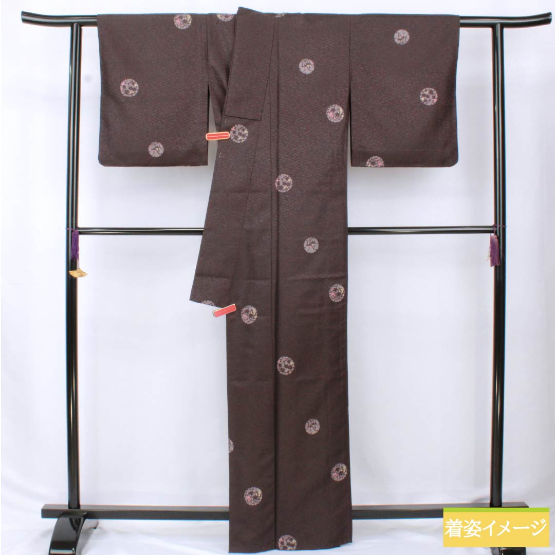 Komon (small pattern) kimono, polyester, length 164.5cm, sleeve length 65.5cm, single-layer, purple-black (shiushoku) pattern with snow rings and flower petals, washable, S rank, purple, product number 1115006062420