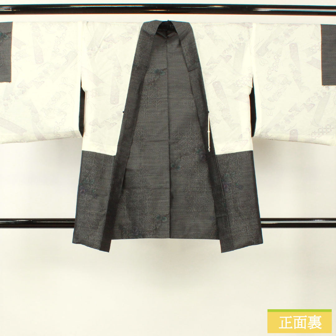 Haori, pure silk, length 84cm, sleeve length 66cm, Oshima Tsumugi, weft kasuri, floral pattern, S rank, lined, black, 1117001162910