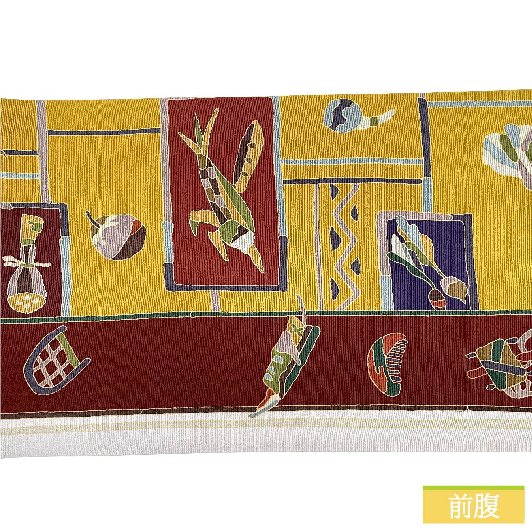 Nagoya obi, pure silk, tin color, vegetable pattern, long, agricultural equipment, obi length 384cm, S rank, full length, casual, gray, 1124006282422, open style
