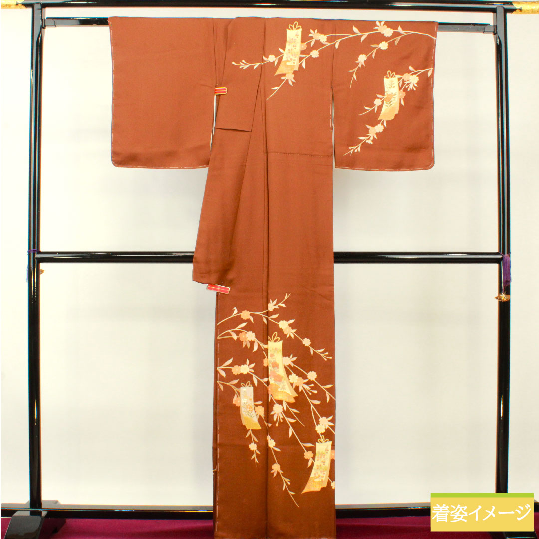 訪問着 正絹 袷 身丈163.5cm 裄丈63.5cm 海老茶色(えびちゃいろ) 京友禅 蘇州刺繡 汕頭刺繡 草花模様 しつけ糸付き Sランク 茶系 1112004432414