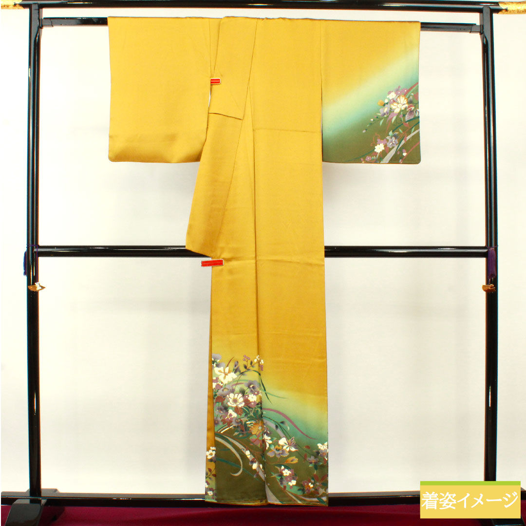 Homongi, pure silk, lined, length 156.5cm, sleeve length 62.5cm, ochre, Kyoto Yuzen, floral pattern, Scotchguard processing, S rank, yellow, 1112004422323
