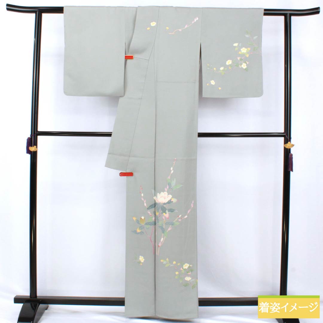 訪問着 正絹 Aランク 袷 身丈160.5cm 裄丈63cm 加賀友禅 草花 作家物 付下げ グレー系 1112006933422