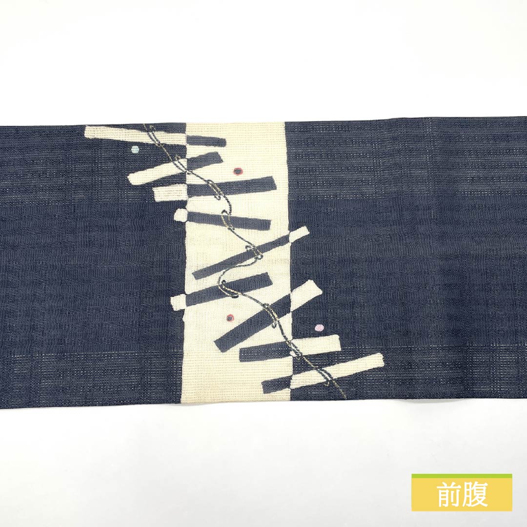 Nagoya obi, pure silk, dark blue, dyed obi, abstract pattern, summer obi, obi length 374cm, A rank, point pattern, casual, blue, 1124006793317, open style