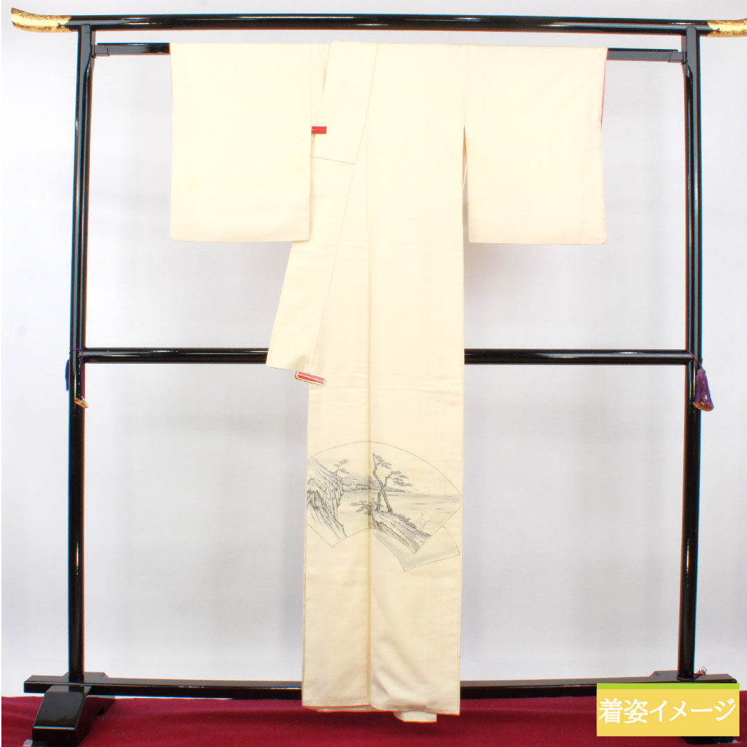 色留袖 正絹 身丈159.5cm 裄丈65.5cm 袷 練色(ねりいろ) 紬地 手描き友禅 富士山 Aランク クリーム系 1111001323315