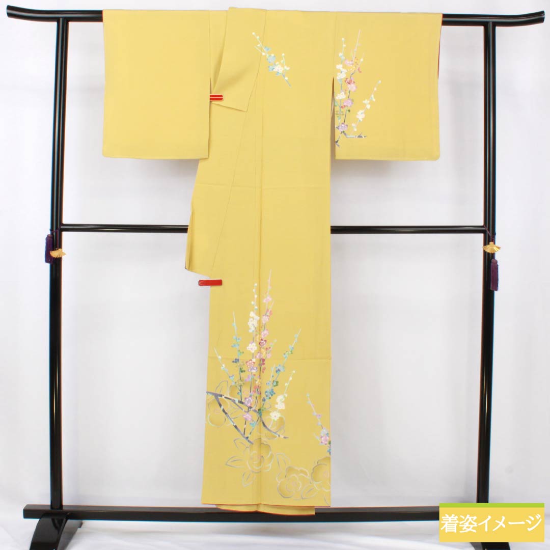 訪問着 正絹 Sランク 袷 身丈149.5cm 裄丈63cm 卵色(たまごいろ) 加賀友禅 手描き 峰山 作家物 草花 黄系 1112007262123