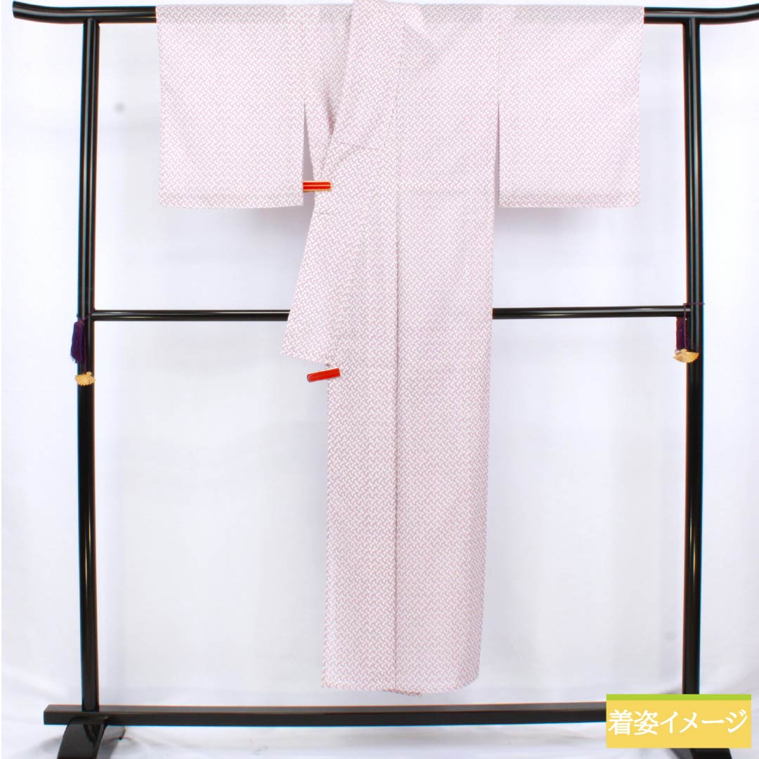 夏物 ポリエステル 小紋 身丈148.5cm 裄丈61cm 半色(はしたいろ) 抽象模様 洗える着物 絽 Aランク 紫系 1132002513120