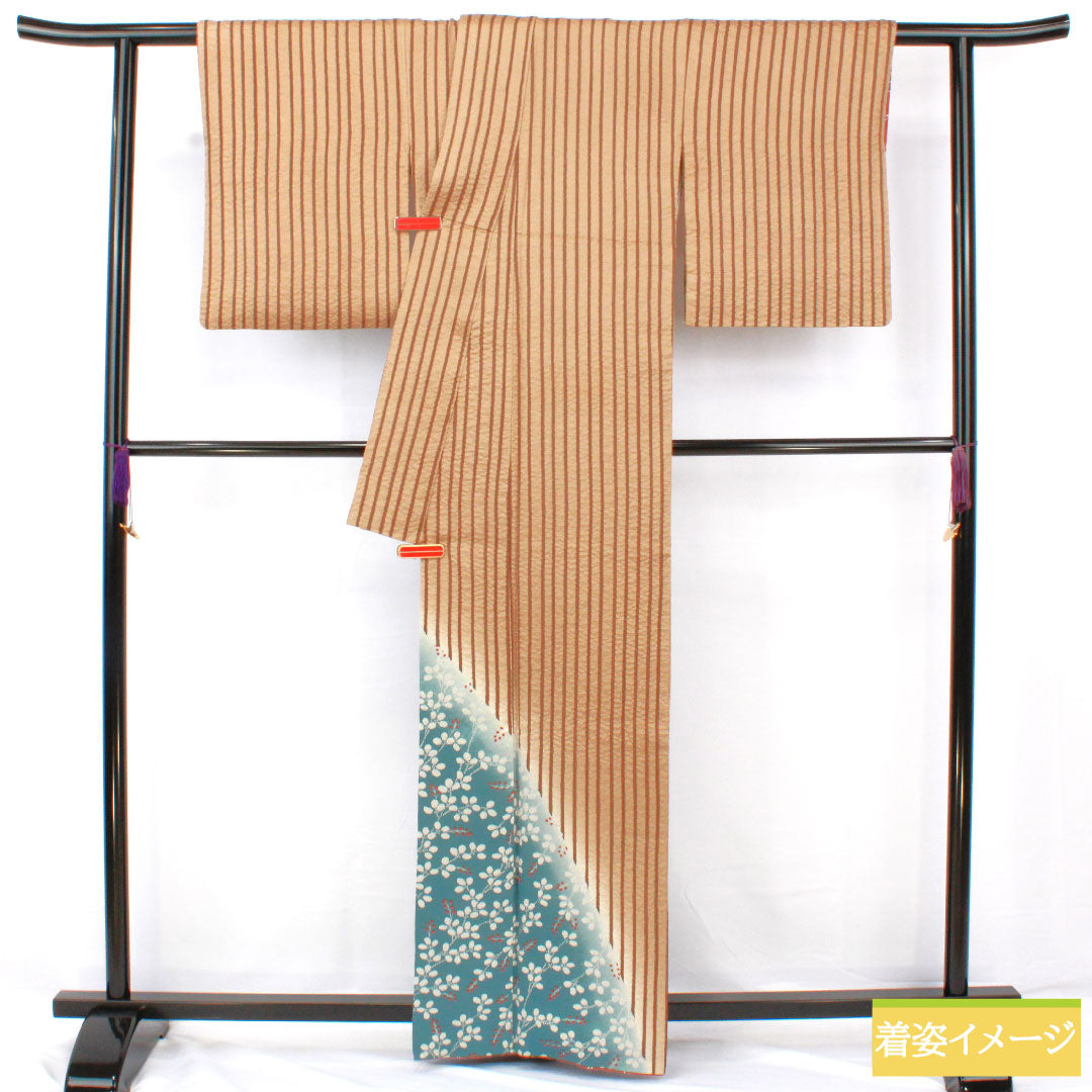 訪問着 正絹 袷 身丈165cm 裄丈63cm 土色(つちいろ) 縞 萩 Aランク 茶系 1112005743514