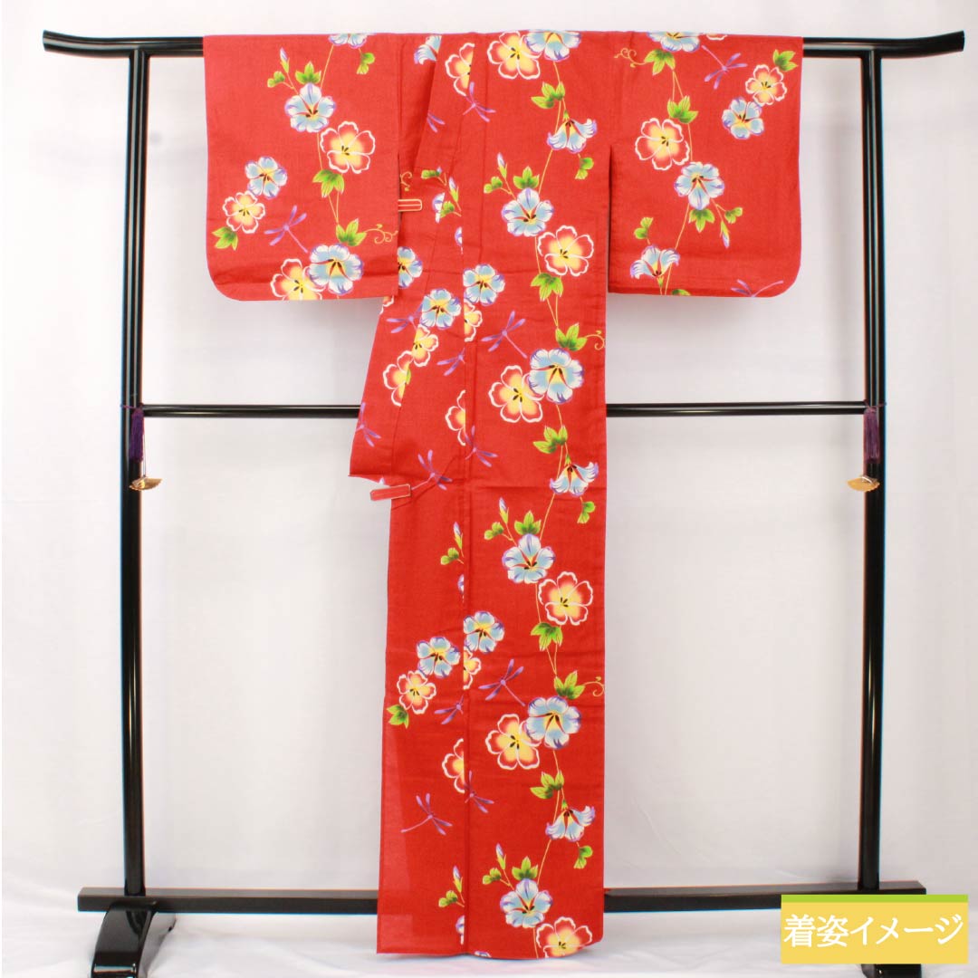浴衣 木綿 身丈164.5cm 裄丈67.5cm Sランク 単衣 赤系 辰砂色(しんしゃいろ) ハイビスカス トンボ 1118005402412