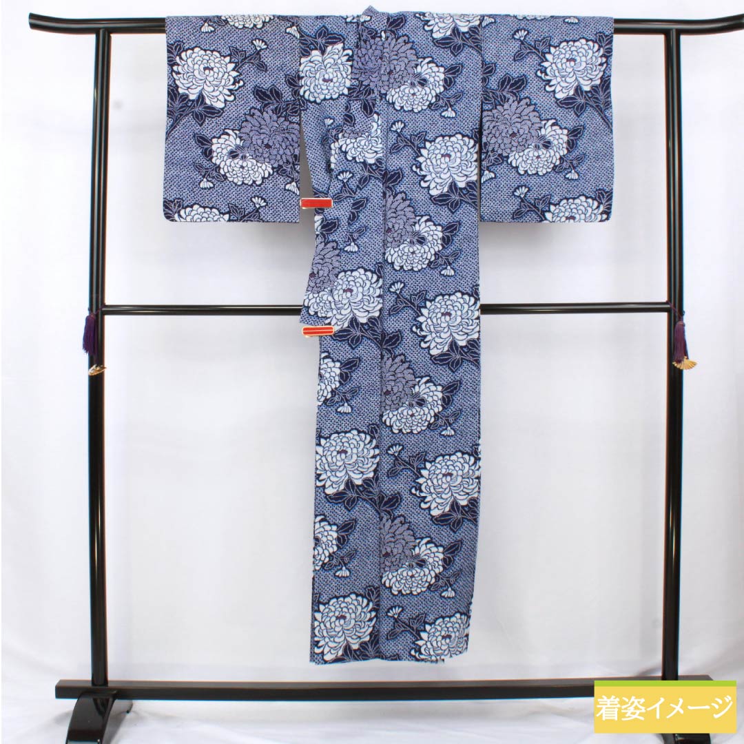 Cotton Yukata, Length 146.5cm, Sleeve Length 60.5cm, S Rank, Single Layer, Navy Blue, Chrysanthemum, Ripple Pattern, 1118006552118