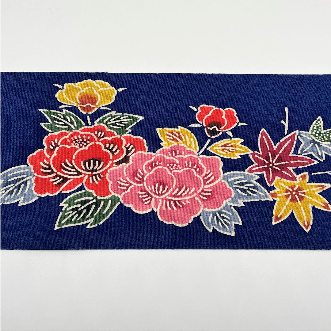 名古屋帯 深縹色 紅葉 菊 作家物 京紅型 帯丈332.5cm 正絹 Sランク ポイント柄 カジュアル 青系 1124002952317 名古屋仕立て
