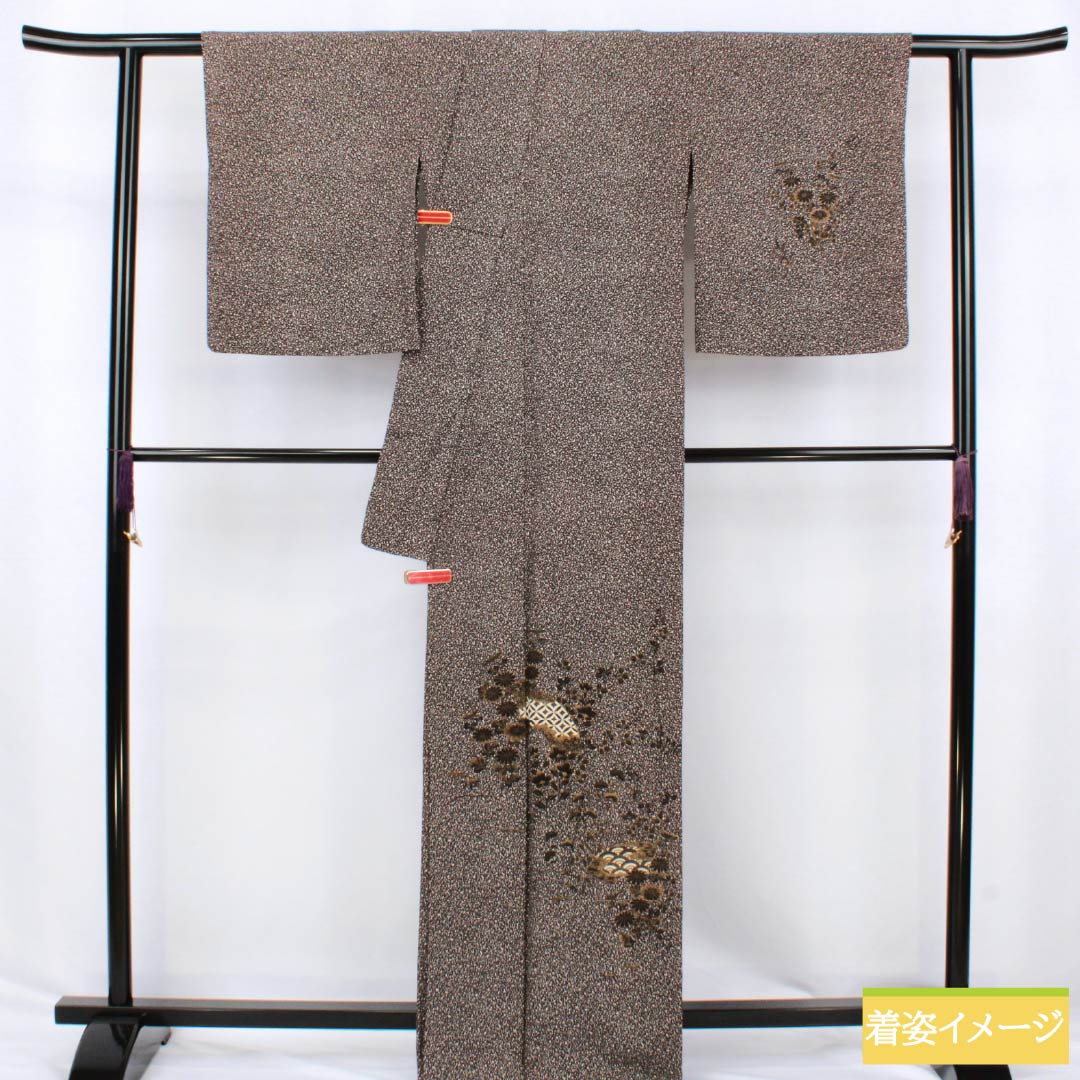 訪問着 正絹 Sランク 袷 身丈165cm 裄丈65.5cm 黒鼠色(くろねずいろ) タタキ染 付下げ 扇面 草花 黒系 1112006702510