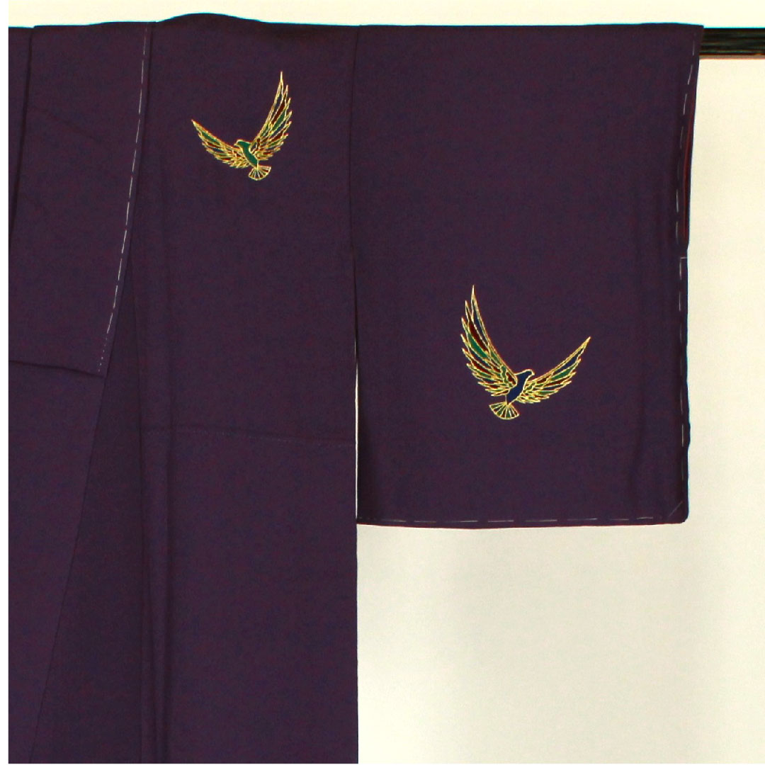 Homongi (formal kimono) Length 154cm Sleeve length 62cm Saito Sansai Kotobukiori Bird pattern Pure silk A rank Purple 1112000883220