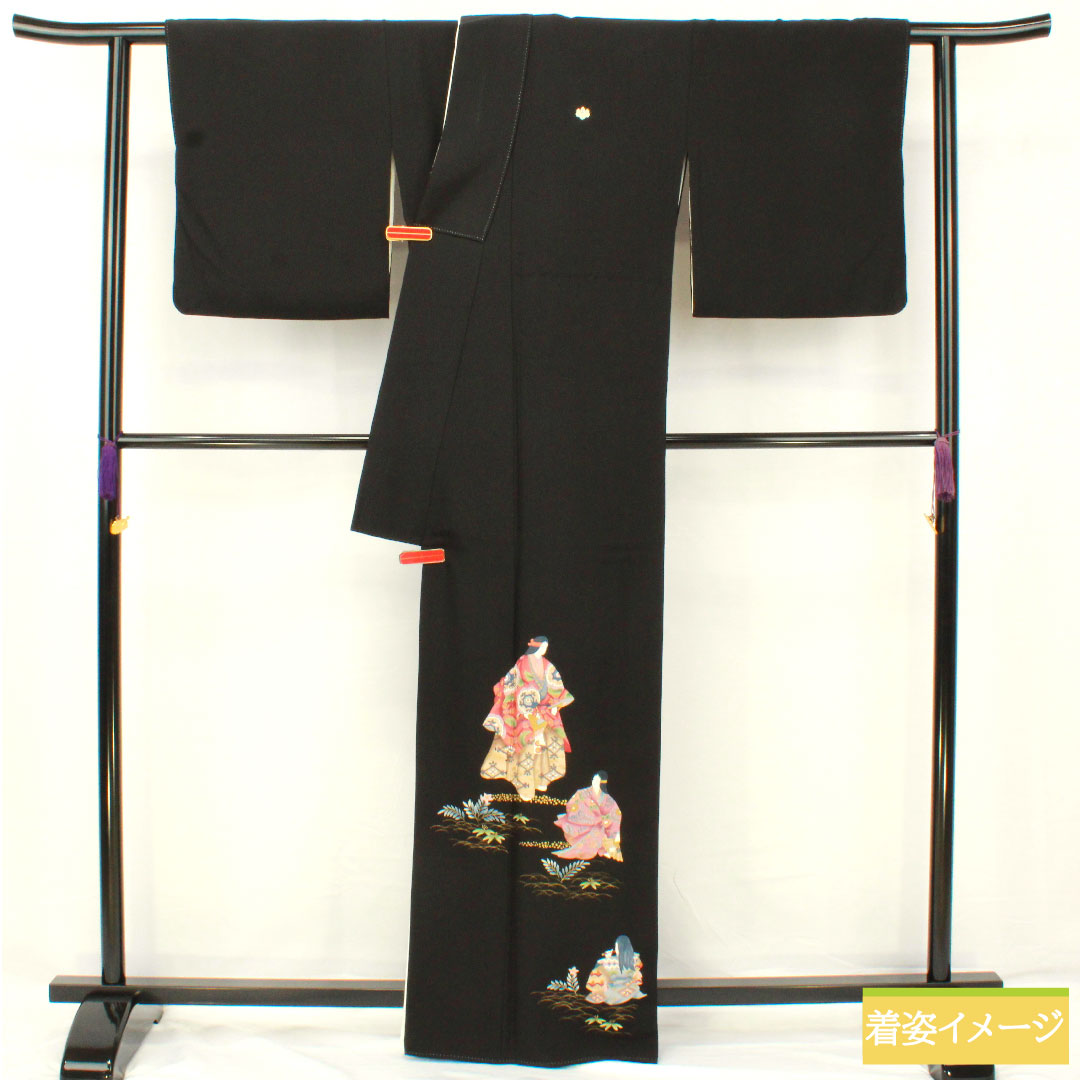 黒留袖 正絹 身丈164cm 裄丈69cm 袷 作家物 京友禅 時代人物 五つ紋 五三桐 Aランク 黒系 1111001463410