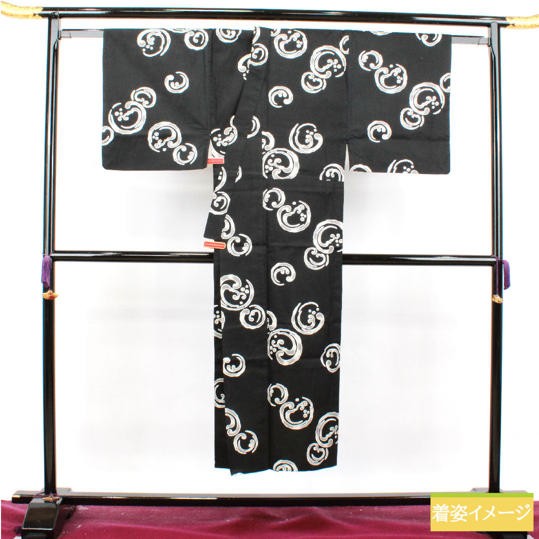 Men's cotton yukata, length 144cm, sleeve length 67.5cm, S rank, unlined, black, abstract pattern, Ryoko Kikuchi 1118004952410