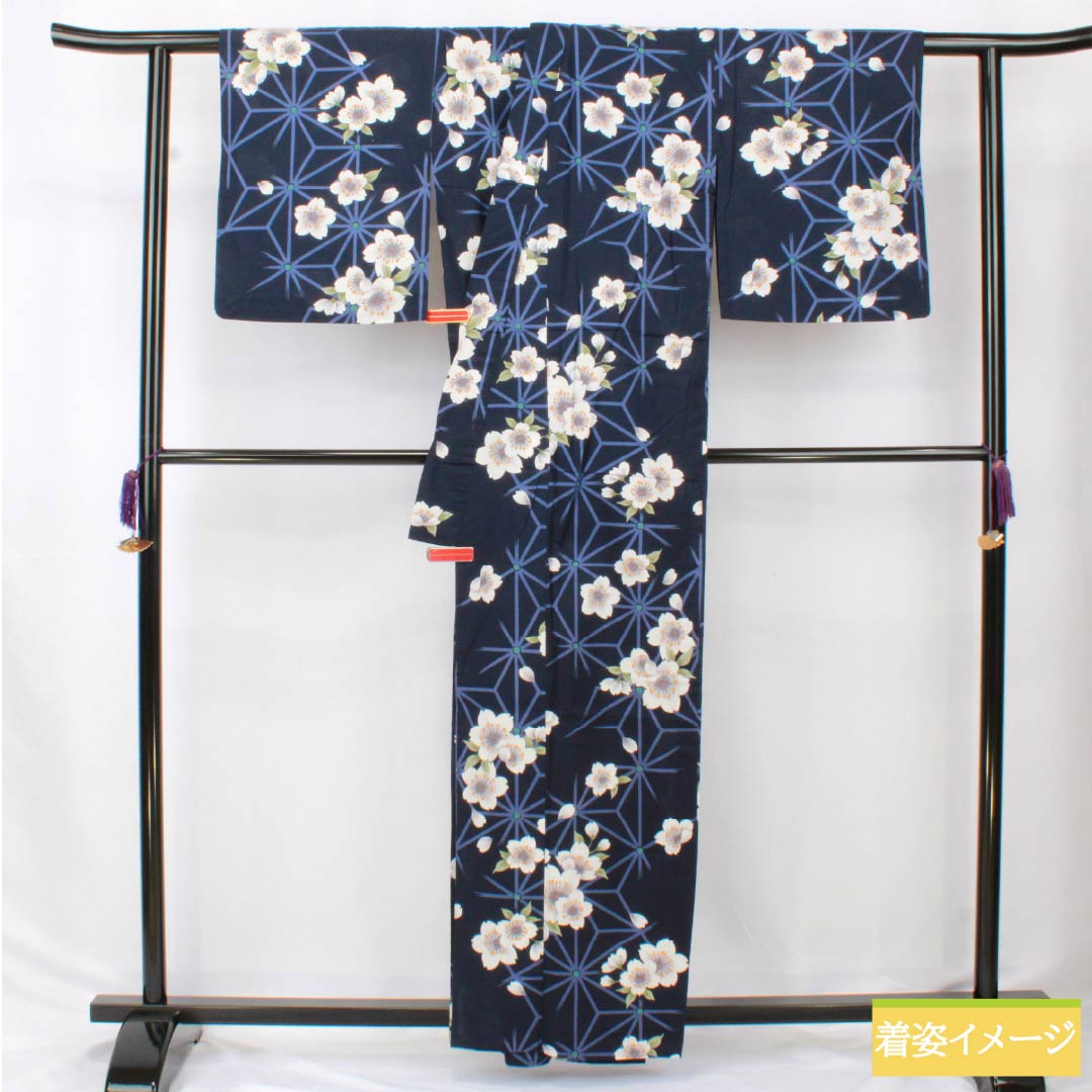 浴衣 木綿 身丈160cm 裄丈65cm Sランク 単衣 紺系 濃紺色(のうこんいろ) 桜 1118006162418