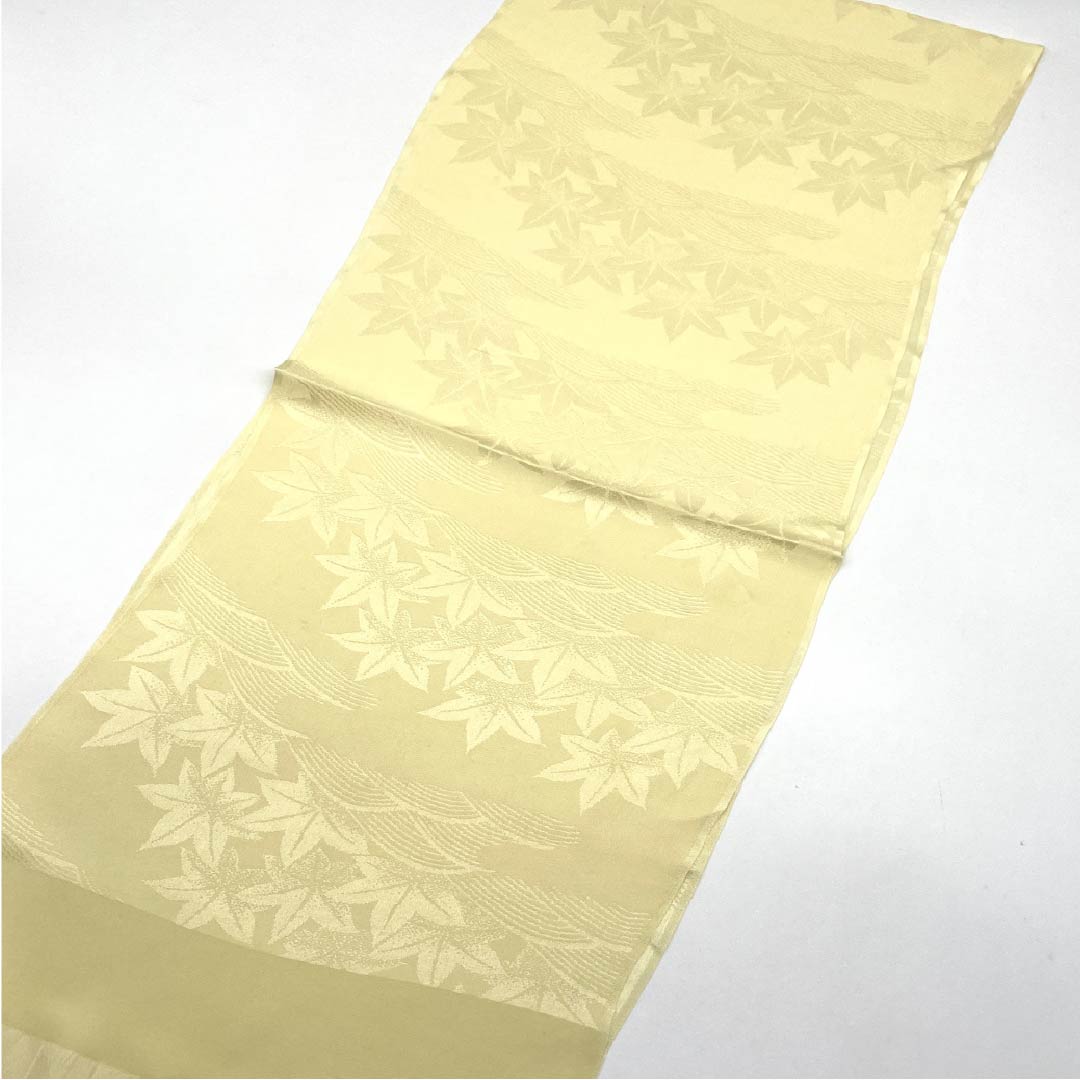 Obiage, pure silk, formal, pale yellow, autumn leaves, classic pattern, length 164cm, width 28cm, S rank, yellow, 1136000472923