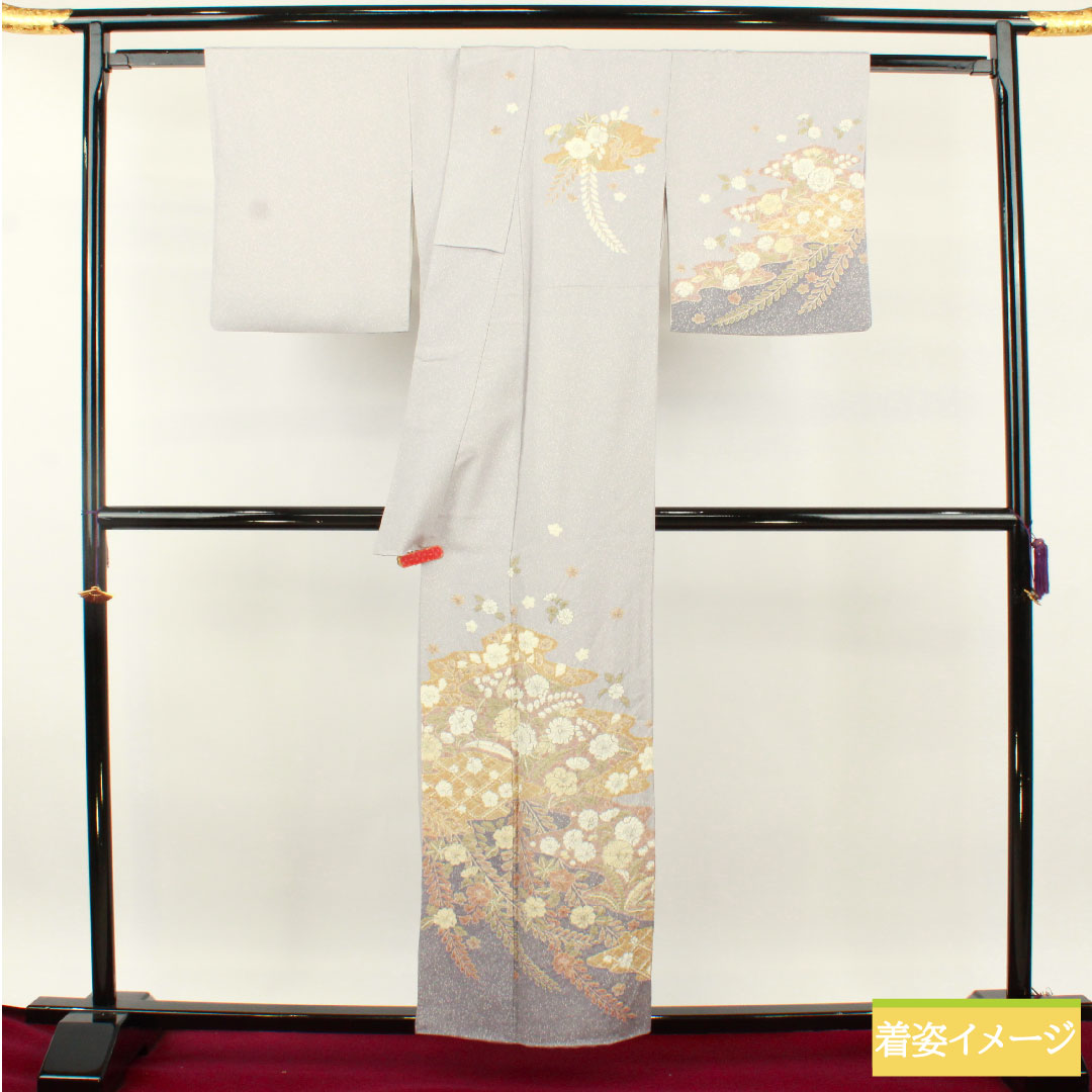 Homongi, pure silk, lined, length 156.5cm, sleeve length 63.5cm, snow color, Tsujigahana, artist's work, A rank, gray, 1112004893322