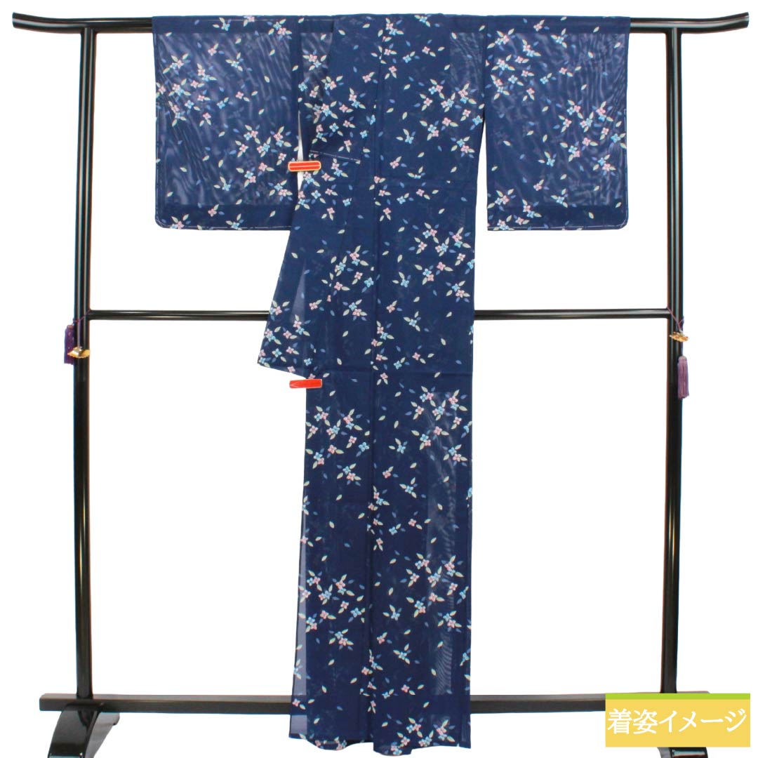 夏物 ポリエステル 小紋 Sランク 身丈162.5cm 裄丈64cm 紺色(こんいろ) 小花 洗える着物 絽 紺系 1132003552418