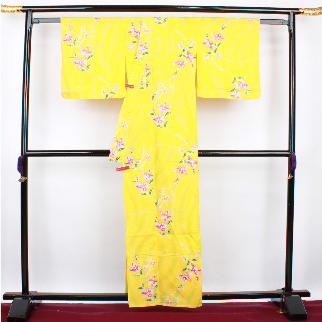 Yukata, Sunflower color, Wind chimes and flower pattern, Cotton, A rank, Single layer, Length 161.5cm, Sleeve length 69cm, Yellow, 1118001033423