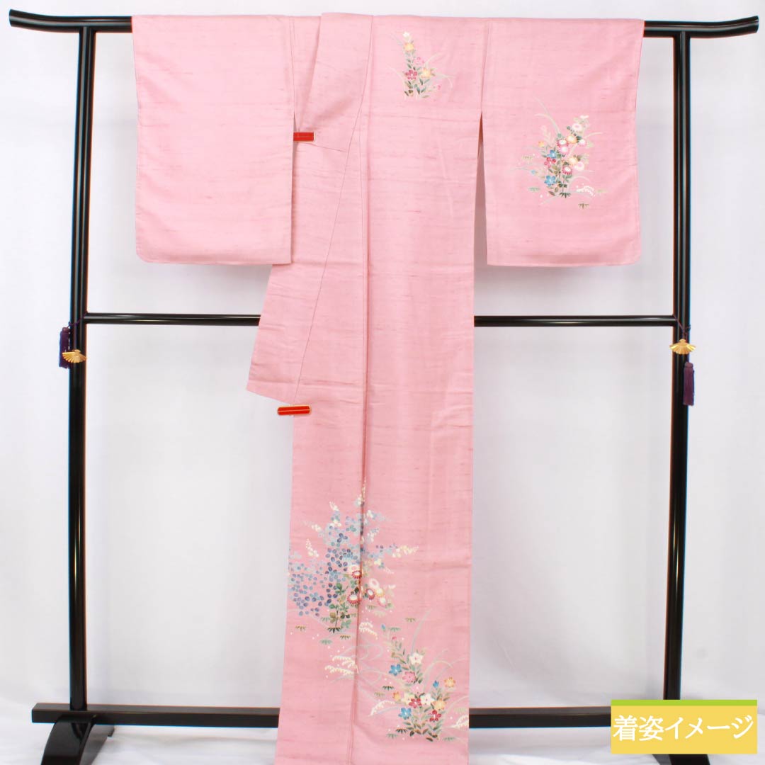 Visiting Kimono, Pure Silk, Rank B, Lined, Length 167cm, Sleeve Length 66cm, Fake Peach Color (Fake Momoiro), Ushiku Tsumugi Silk, Kyoto Kaga Yuzen, Tsukesage, Artist's Work, Floral Design, Pink, Product Number: 1112007544513