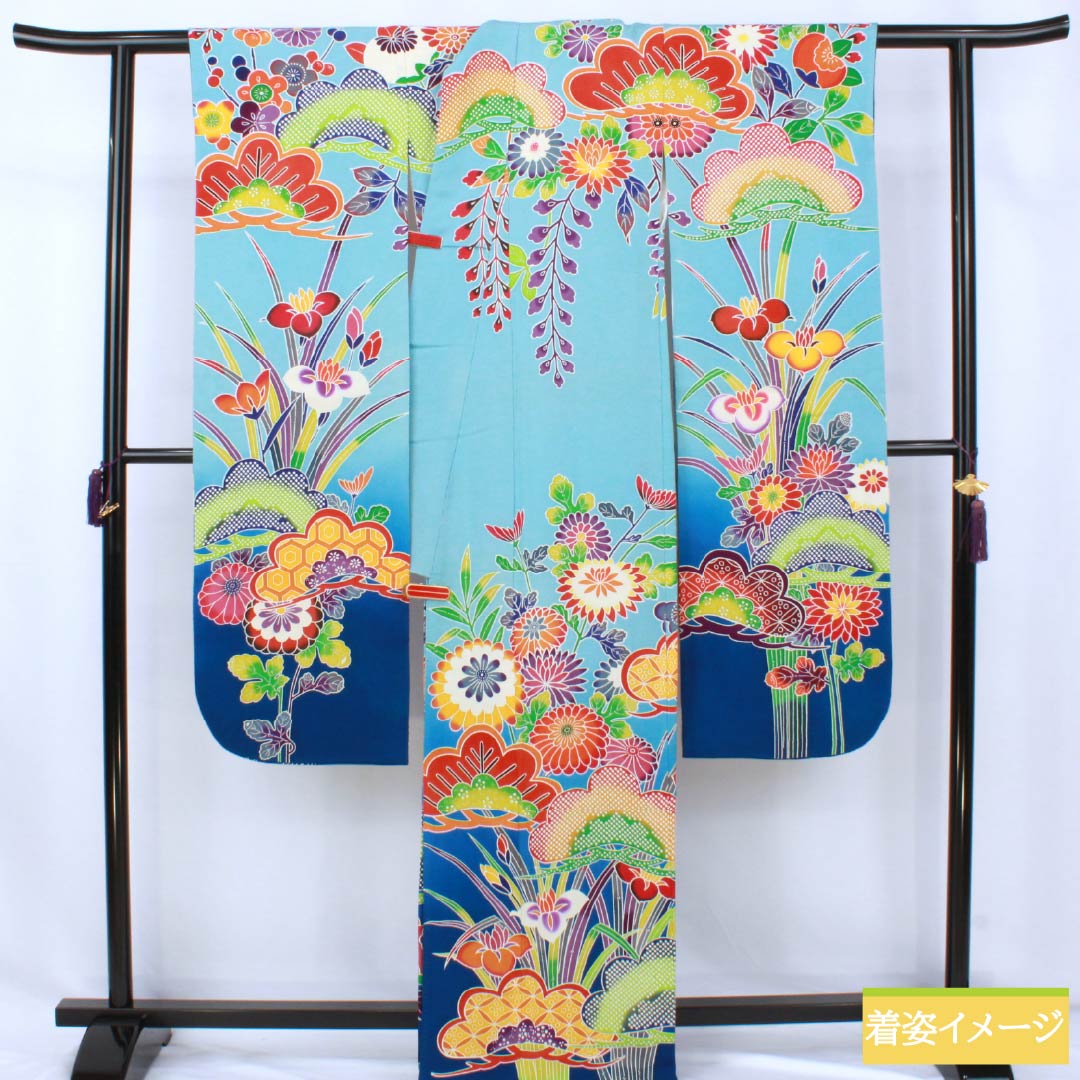 A-rank pure silk furisode kimono (long-sleeved kimono), length 166.5cm, sleeve length 64.5cm, lined, light blue, Kyoto Bingata crepe fabric, auspicious plum and pine motifs, light blue, product number 1113002543524