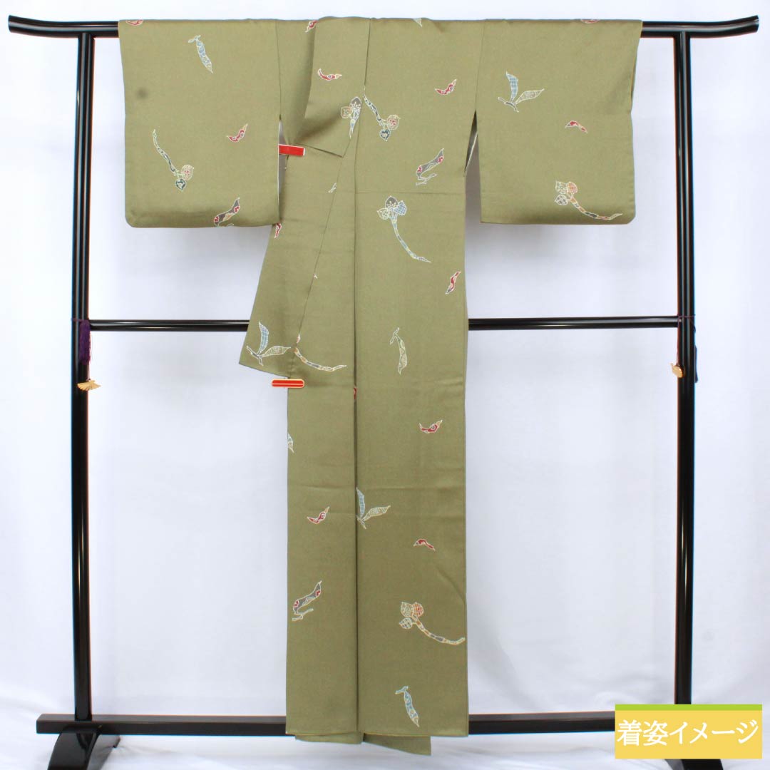 小紋 正絹 Aランク 身丈155cm 裄丈68cm 袷 利休生壁色(りきゅうなまかべいろ) 京野菜 緑系 1115007063319