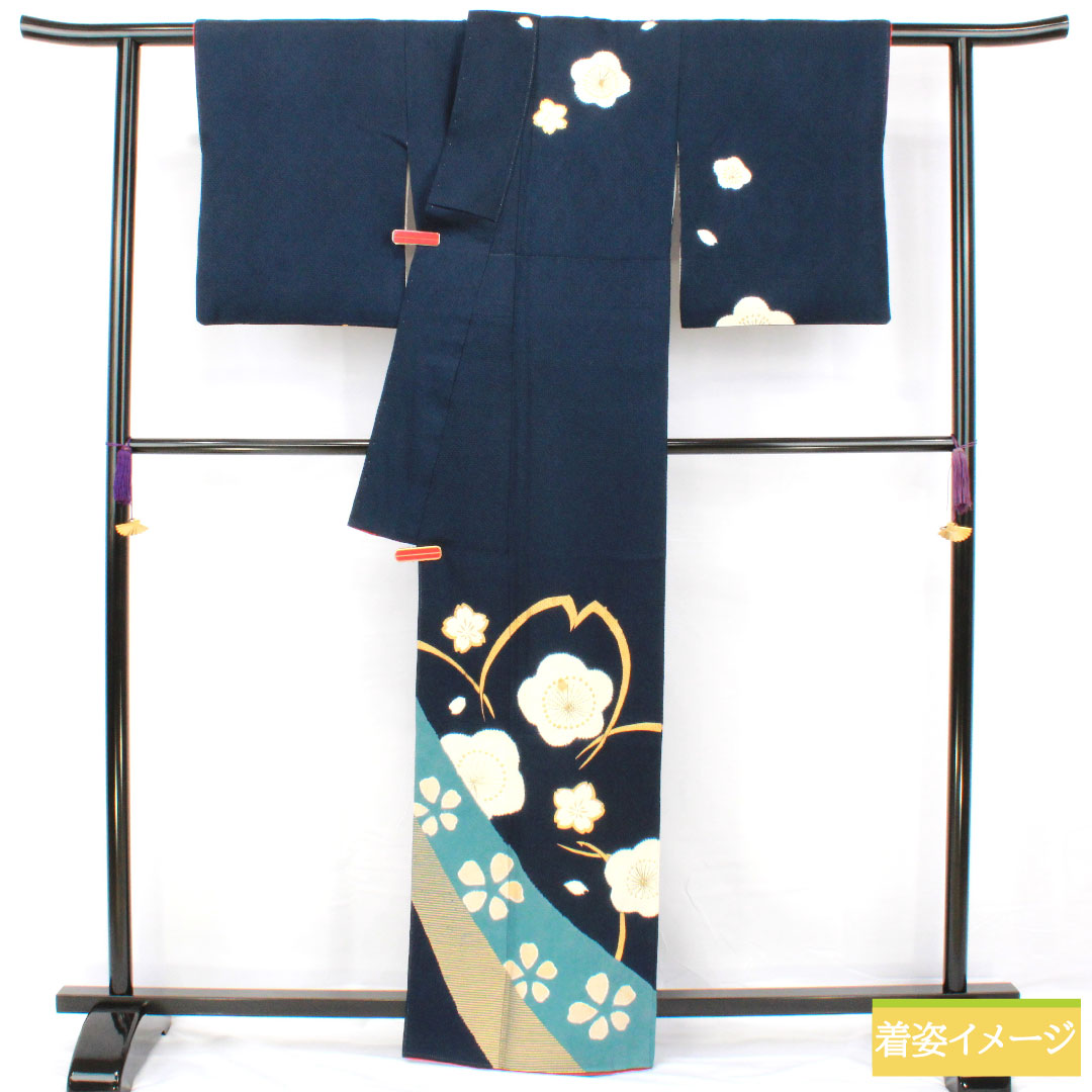 Homongi, pure silk, lined, length 162.5cm, sleeve length 62cm, navy blue, plum, cherry blossom, B rank, navy blue, 1112005634418