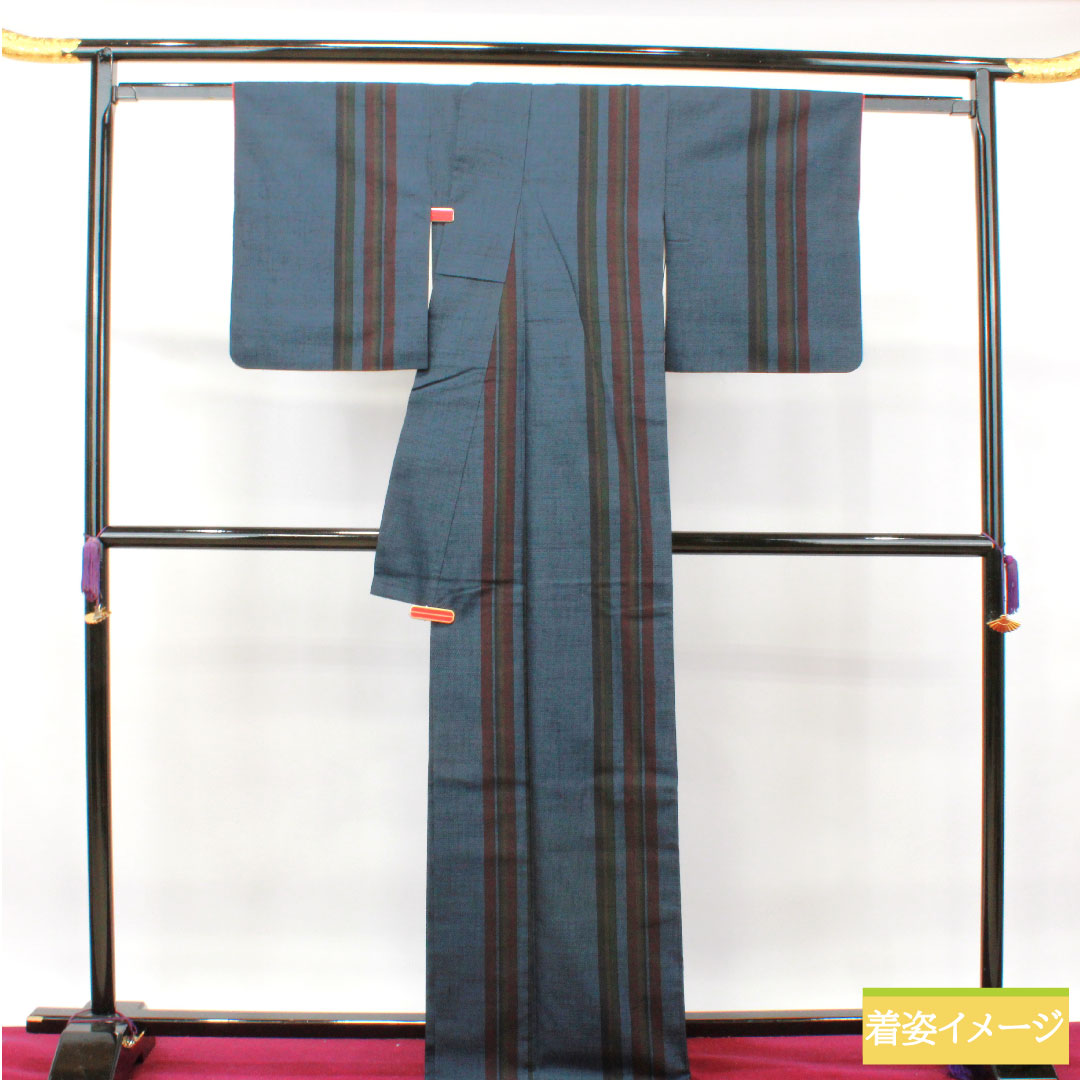Tsumugi silk, length 168cm, sleeve length 64cm, hexagonal pattern, stripes, S rank, lined, navy blue, 1116003092518
