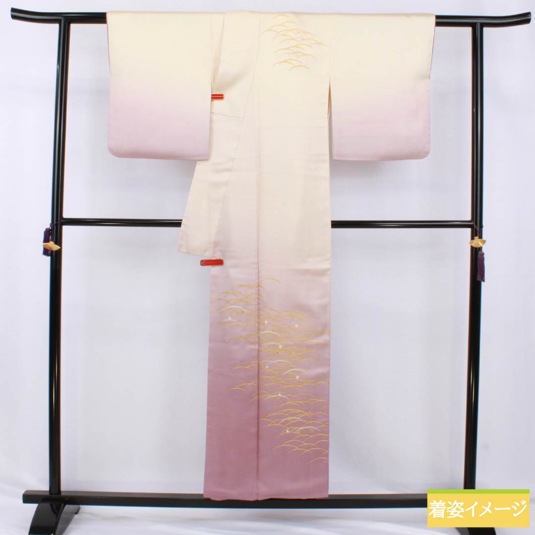 Visiting Kimono, Pure Silk, B-Rank, Lined, Length 154.5cm, Sleeve Length 64cm, Off-White (Kinari-Iro), Designed by Living National Treasure Yoshishige Fukuda, Single Crest, Ueda Family Paulownia Wood Embroidery, Cream, Product Number: 1112006824215