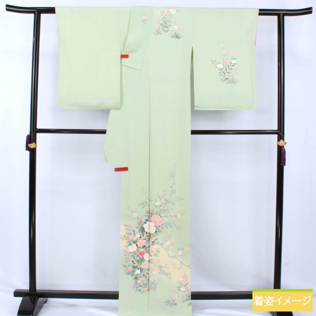 Visiting Kimono, Pure Silk, Grade B, Lined, Length 165cm, Sleeve Length 65.5cm, Light Green, Floral Design, Artist: Shuichi, Included Basting Thread, Green, Product Number: 1112006974519