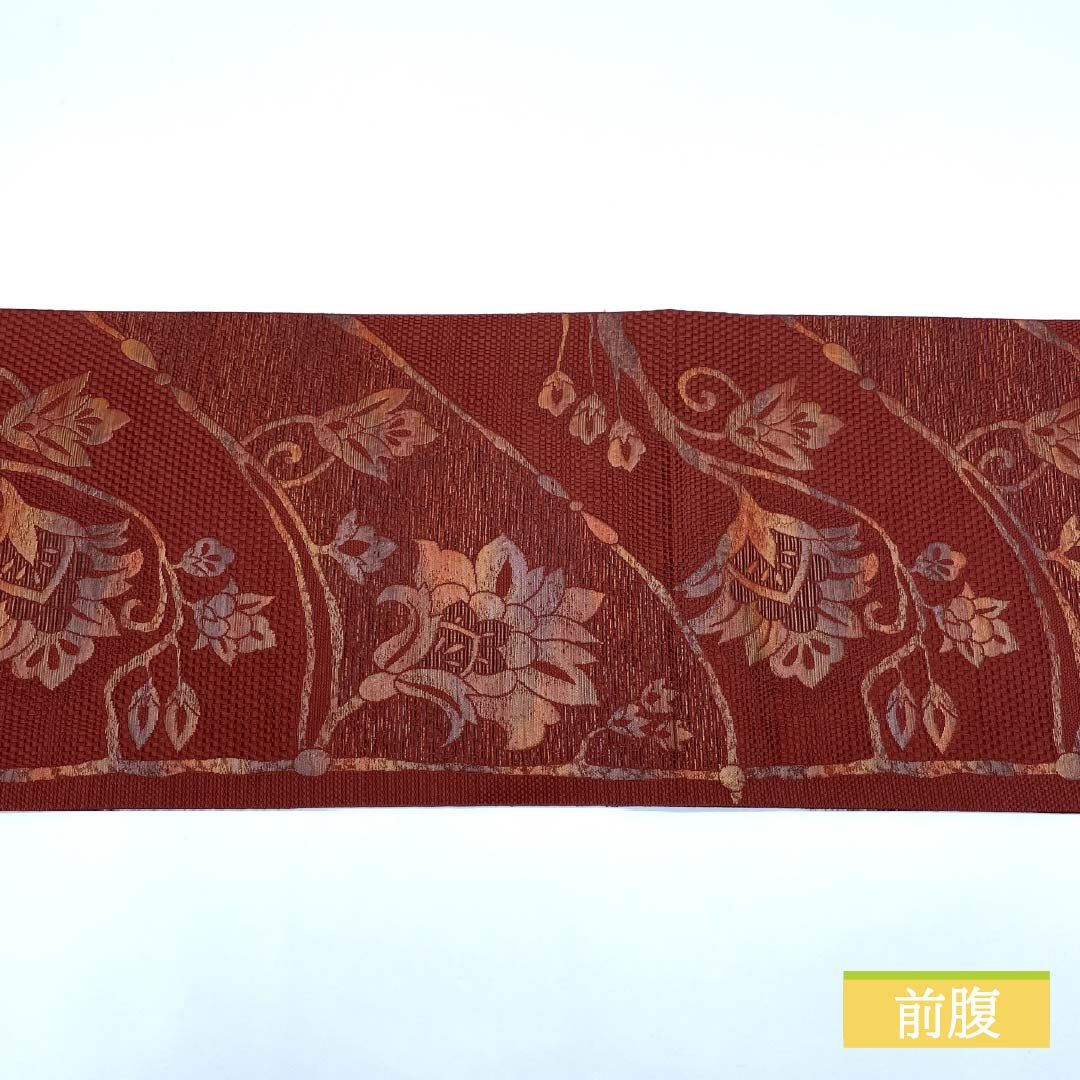 名古屋帯 牛血紅色(ぎゅうけつこういろ) 抽象花模様 帯丈358cm 正絹 Sランク 六通 カジュアル 朱系 1124008072316 松葉仕立て