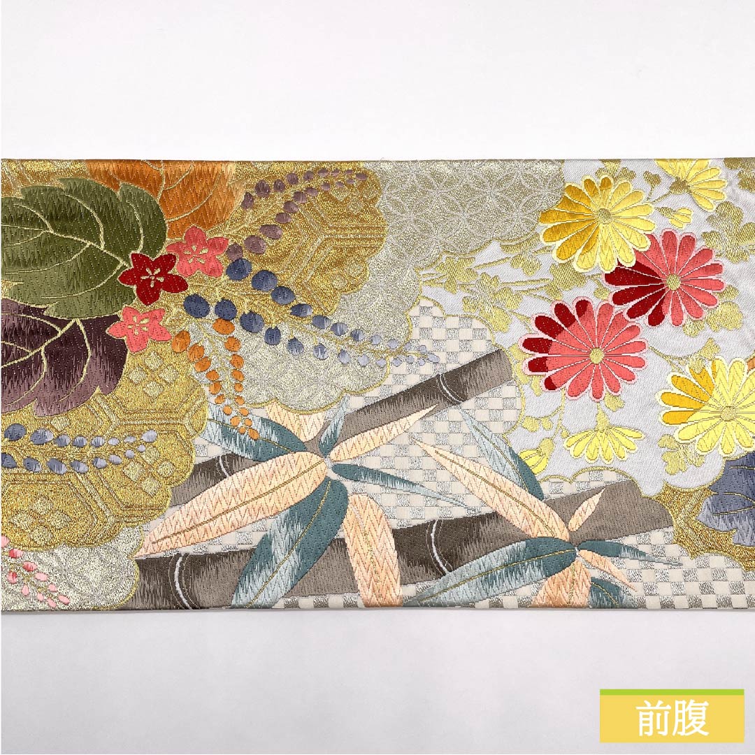 Fukuro Obi, pure silk, fish belly white (gyo to aku iro), Shirayaen Oba, chrysanthemum, bellflower, bamboo, obi length 432cm, A rank, six-pass, formal, gray, 1123012023322