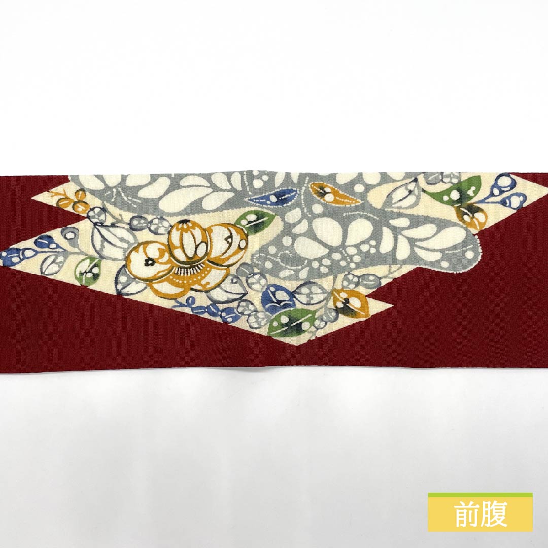 Nagoya obi, shrimp color, crepe fabric, Tsujigahana, obi length 366cm, pure silk, S rank, point pattern, casual, vermilion, 1124007482316, Nagoya style