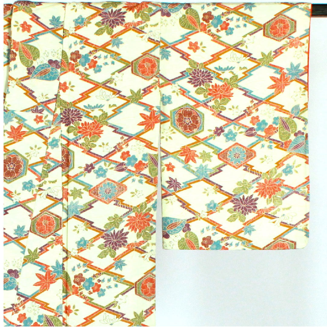 小紋 身丈157.5cm 裄丈64cm 袷 松皮菱 古典柄 ポリ Sランク クリーム系 1115000712315