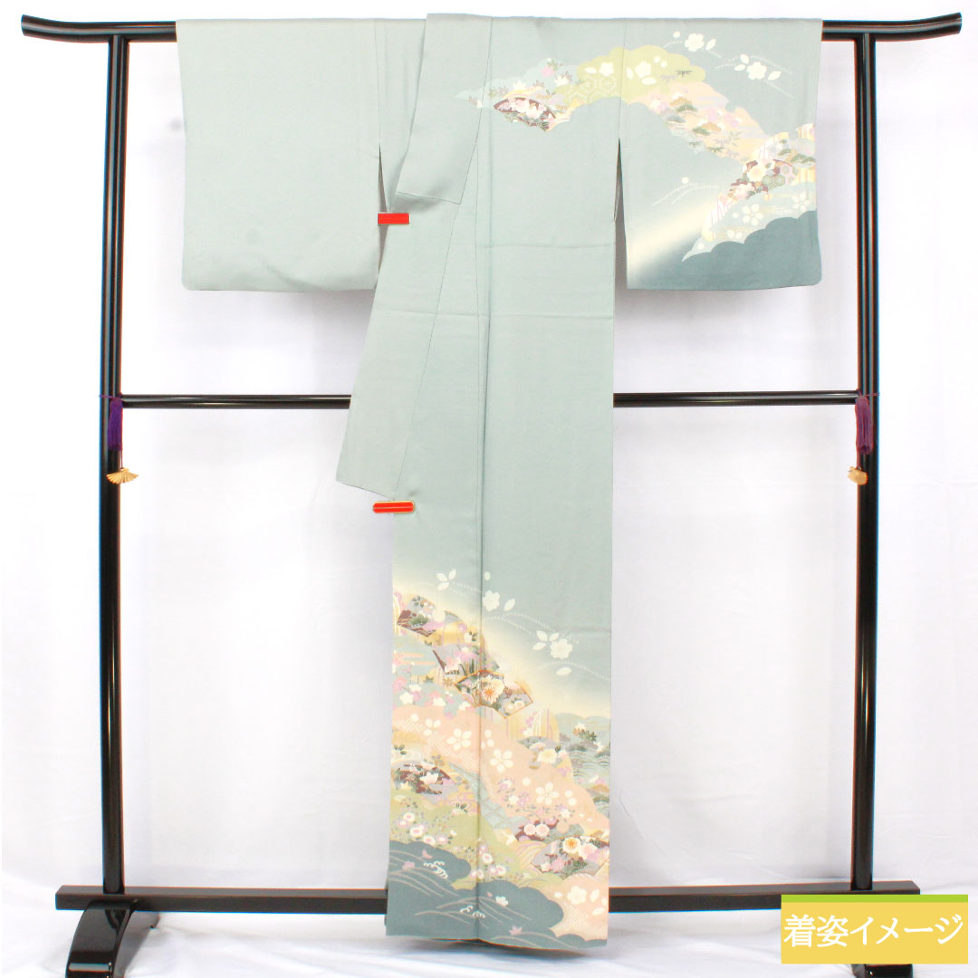 訪問着 正絹 袷 身丈161cm 裄丈66.5cm 青白磁色(せいはくじいろ) 京友禅 吉祥文様 Sランク 水色系 1112005792424
