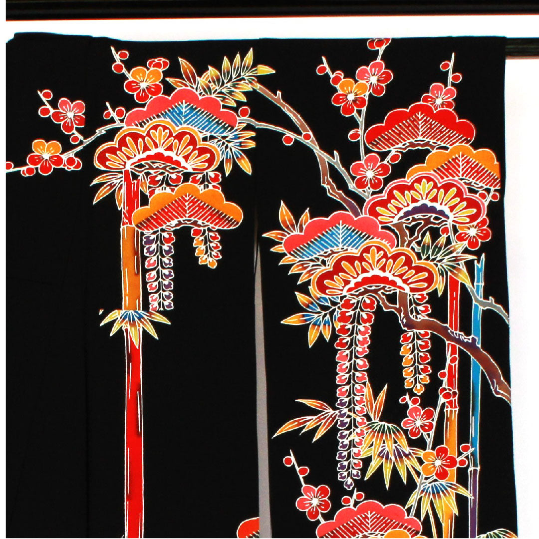 振袖 身丈166cm 裄丈67cm 袷 京紅型 松竹梅模様 正絹 Aランク 黒系 1113000523510